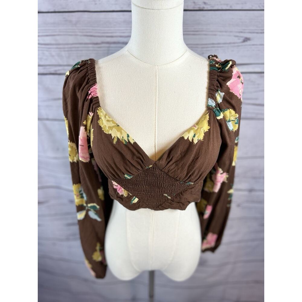 Free People Dusk Till Dawn Crop Top Womens Small Floral Long Sleeve Sweetheart - Picture 2 of 8